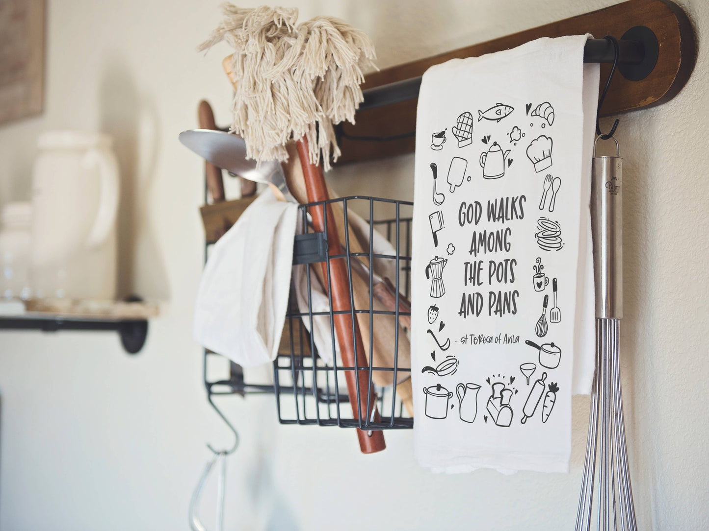 God Walks Among the Pots and Pans Catholic Kitchen Towel