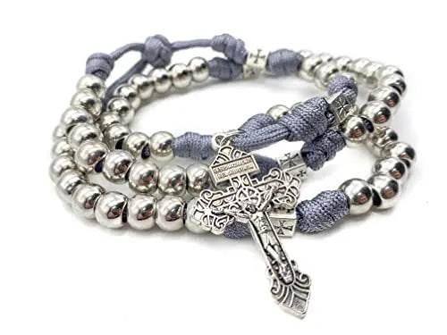 Stainless Steel Silver Paracord Rosary Necklace Beads Rugged Cord Catholic Rosary with Pardon Cross