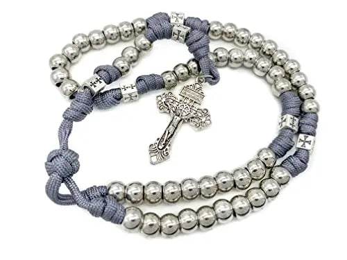 Stainless Steel Silver Paracord Rosary Necklace Beads Rugged Cord Catholic Rosary with Pardon Cross