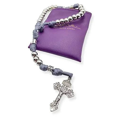 Stainless Steel Silver Paracord Rosary Necklace Beads Rugged Cord Catholic Rosary with Pardon Cross
