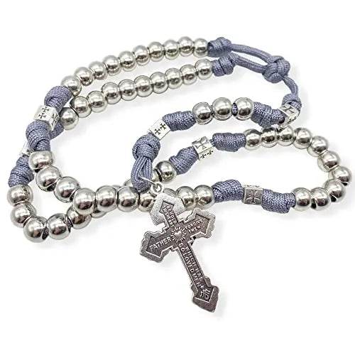 Stainless Steel Silver Paracord Rosary Necklace Beads Rugged Cord Catholic Rosary with Pardon Cross