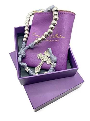 Stainless Steel Silver Paracord Rosary Necklace Beads Rugged Cord Catholic Rosary with Pardon Cross