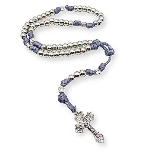 Stainless Steel Silver Paracord Rosary Necklace Beads Rugged Cord Catholic Rosary with Pardon Cross