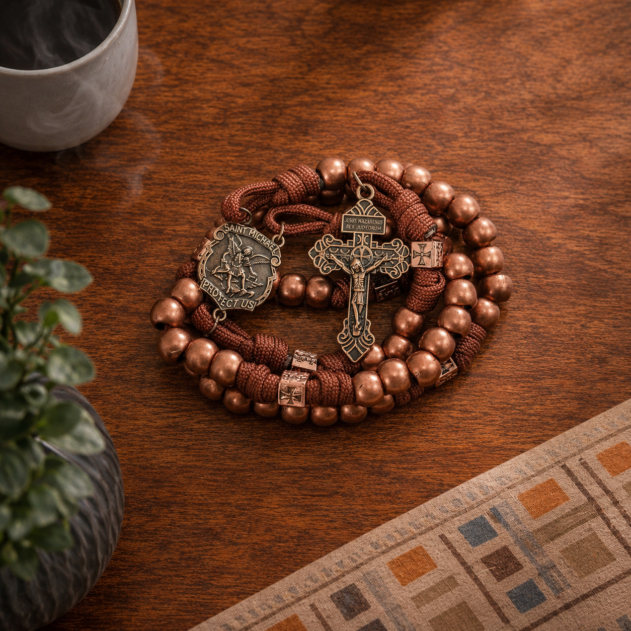 Strong Corded Antique Copper Beads Paracord Rugged Rosary Necklace with St.Michael Medal and Pardon Crucifix