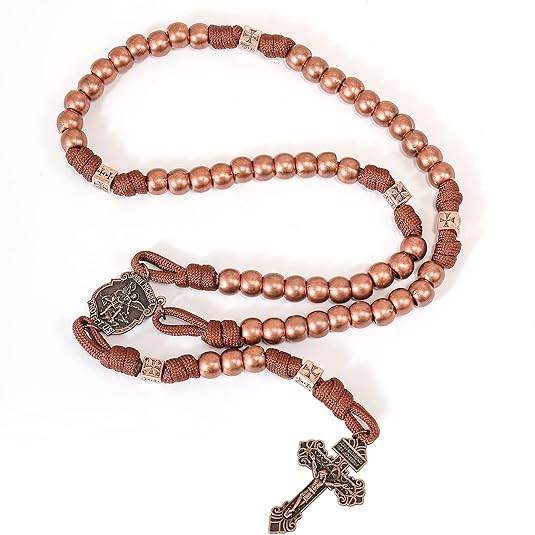 Strong Corded Antique Copper Beads Paracord Rugged Rosary Necklace with St.Michael Medal and Pardon Crucifix