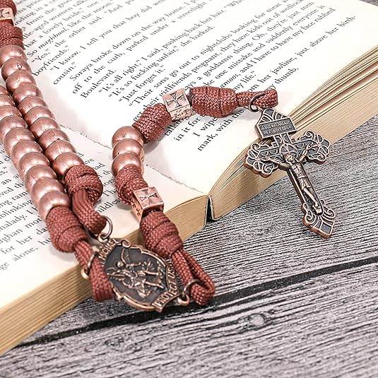 Strong Corded Antique Copper Beads Paracord Rugged Rosary Necklace with St.Michael Medal and Pardon Crucifix