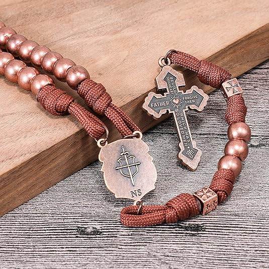 Strong Corded Antique Copper Beads Paracord Rugged Rosary Necklace with St.Michael Medal and Pardon Crucifix