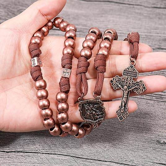 Strong Corded Antique Copper Beads Paracord Rugged Rosary Necklace with St.Michael Medal and Pardon Crucifix