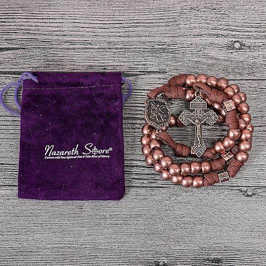 Strong Corded Antique Copper Beads Paracord Rugged Rosary Necklace with St.Michael Medal and Pardon Crucifix