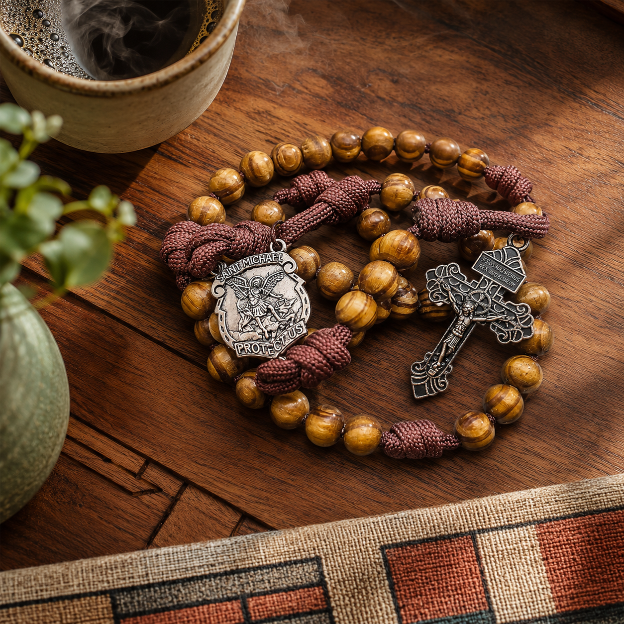 Rugged Cord Wooden Beads Paracord Rosary Necklace Red Bronze St Michael Medal