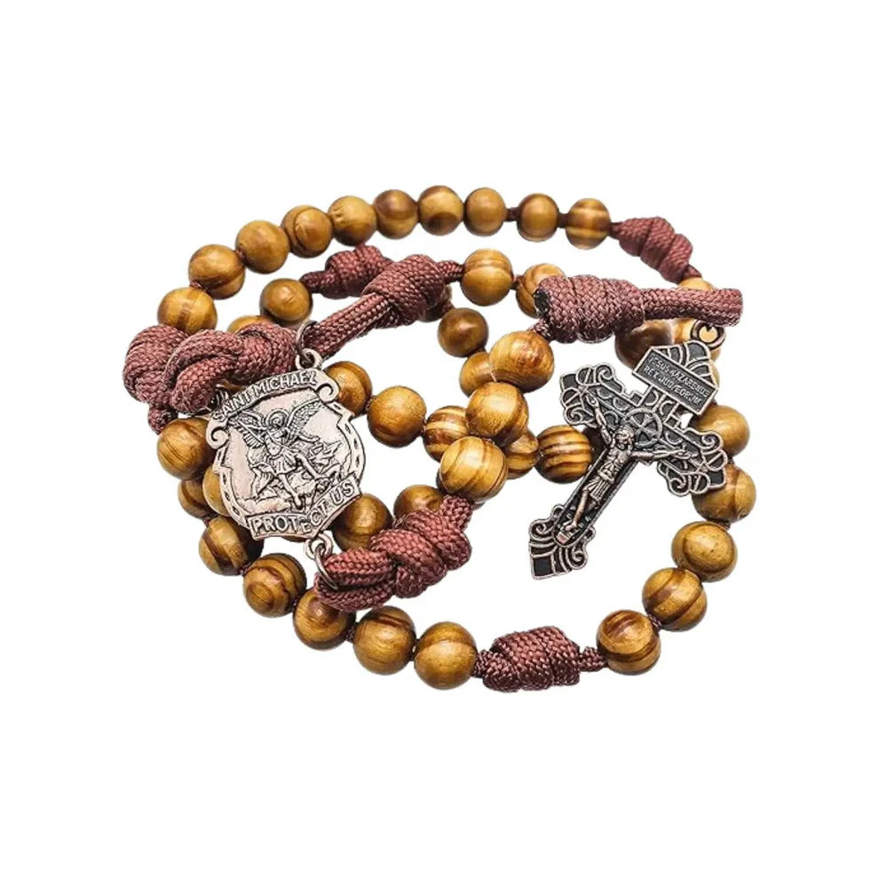 Rugged Cord Wooden Beads Paracord Rosary Necklace Red Bronze St Michael Medal