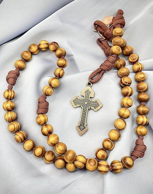Rugged Cord Wooden Beads Paracord Rosary Necklace Red Bronze St Michael Medal