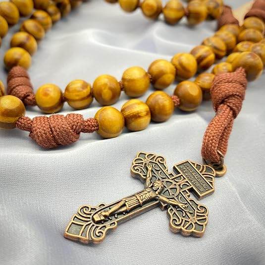 Rugged Cord Wooden Beads Paracord Rosary Necklace Red Bronze St Michael Medal