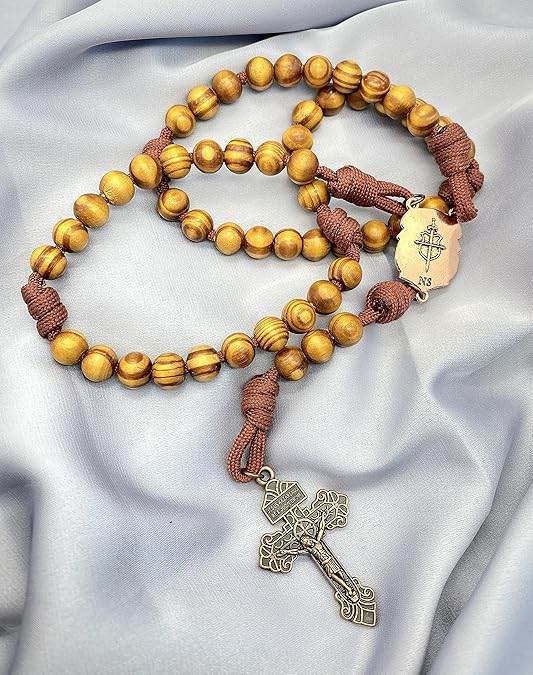 Rugged Cord Wooden Beads Paracord Rosary Necklace Red Bronze St Michael Medal