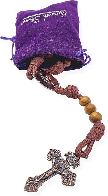 Rugged Cord Wooden Beads Paracord Rosary Necklace Red Bronze St Michael Medal