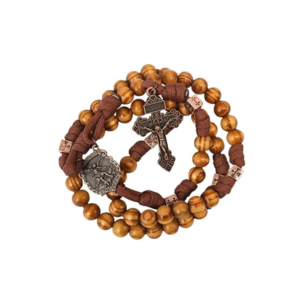 Strong Corded Wooden Beads Paracord Rugged Rosary Necklace with St.Michael Medal and Pardon Crucifix