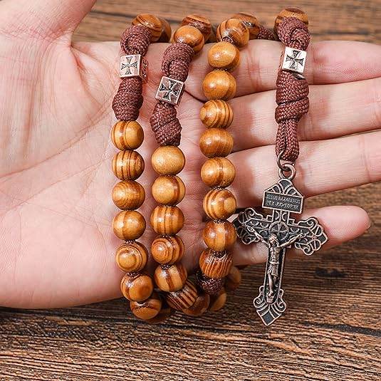Strong Corded Wooden Beads Paracord Rugged Rosary Necklace with St.Michael Medal and Pardon Crucifix