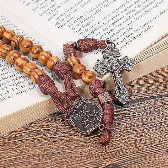 Strong Corded Wooden Beads Paracord Rugged Rosary Necklace with St.Michael Medal and Pardon Crucifix