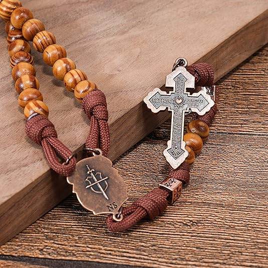 Strong Corded Wooden Beads Paracord Rugged Rosary Necklace with St.Michael Medal and Pardon Crucifix
