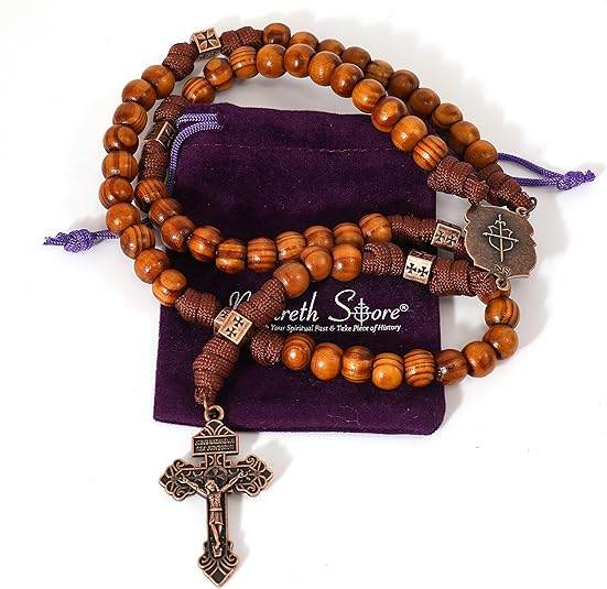 Strong Corded Wooden Beads Paracord Rugged Rosary Necklace with St.Michael Medal and Pardon Crucifix