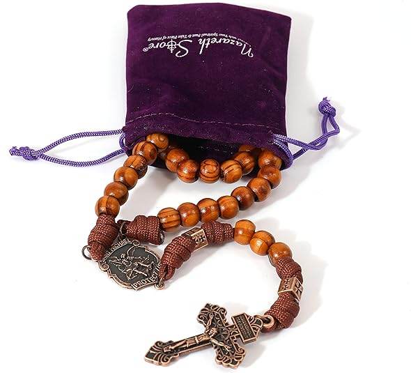 Strong Corded Wooden Beads Paracord Rugged Rosary Necklace with St.Michael Medal and Pardon Crucifix