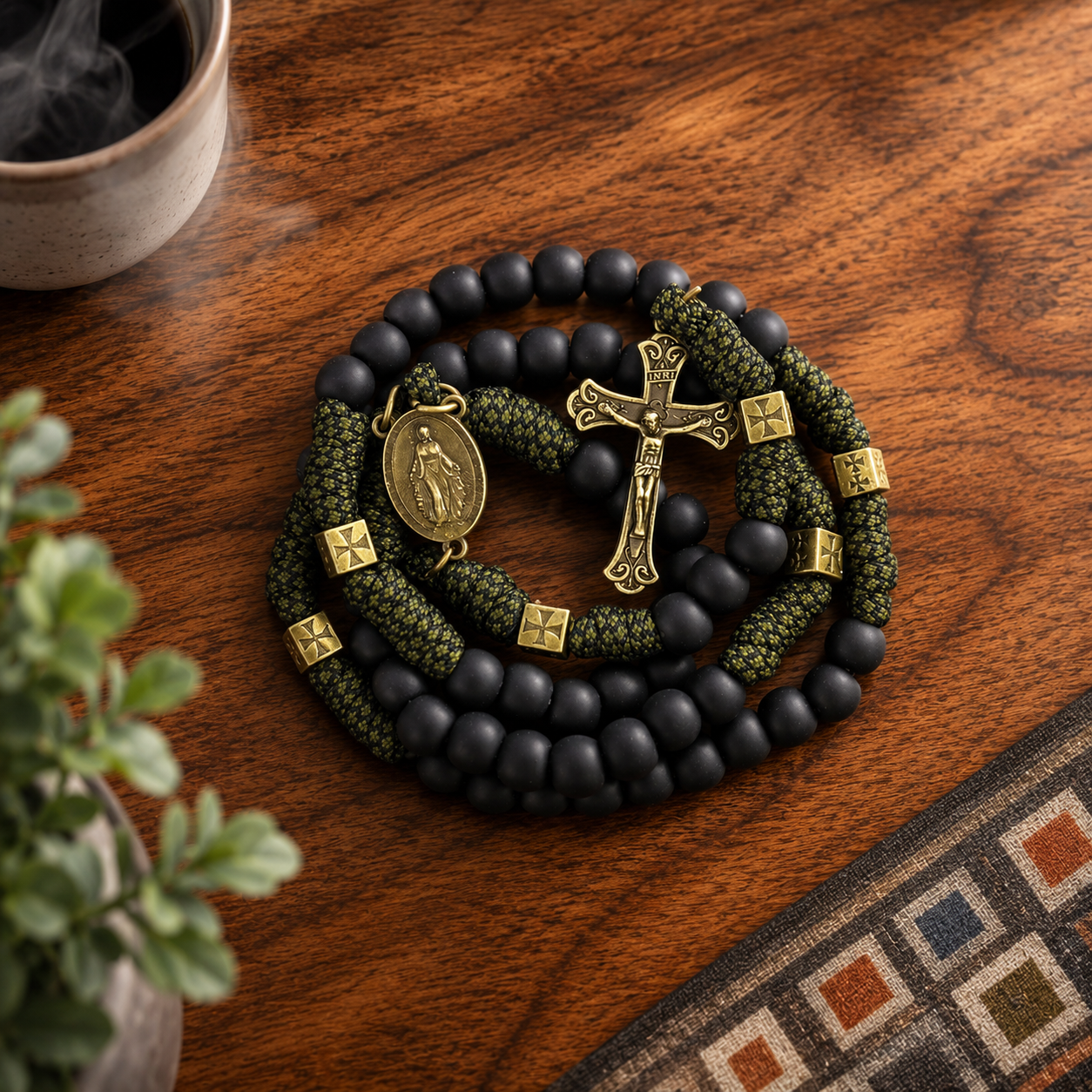 Antique Bronze Black Matte Prayer Beads Paracord Rosary Necklace with and Jesus Cross and Miraculous Medal
