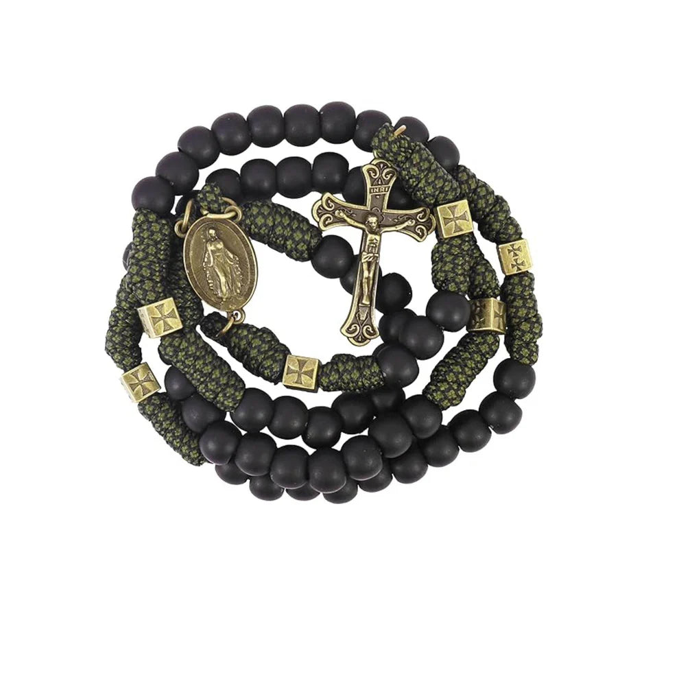 Antique Bronze Black Matte Prayer Beads Paracord Rosary Necklace with and Jesus Cross and Miraculous Medal