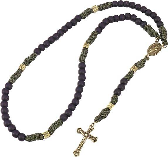 Antique Bronze Black Matte Prayer Beads Paracord Rosary Necklace with and Jesus Cross and Miraculous Medal