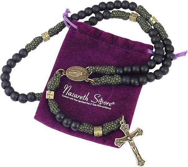 Antique Bronze Black Matte Prayer Beads Paracord Rosary Necklace with and Jesus Cross and Miraculous Medal