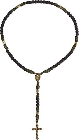 Antique Bronze Black Matte Prayer Beads Paracord Rosary Necklace with and Jesus Cross and Miraculous Medal