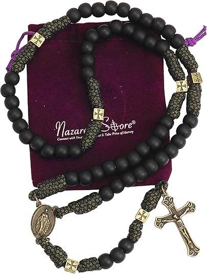 Antique Bronze Black Matte Prayer Beads Paracord Rosary Necklace with and Jesus Cross and Miraculous Medal