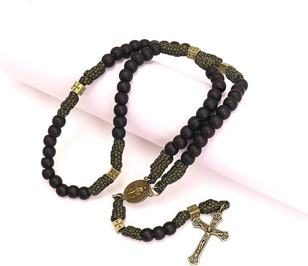 Antique Bronze Black Matte Prayer Beads Paracord Rosary Necklace with and Jesus Cross and Miraculous Medal