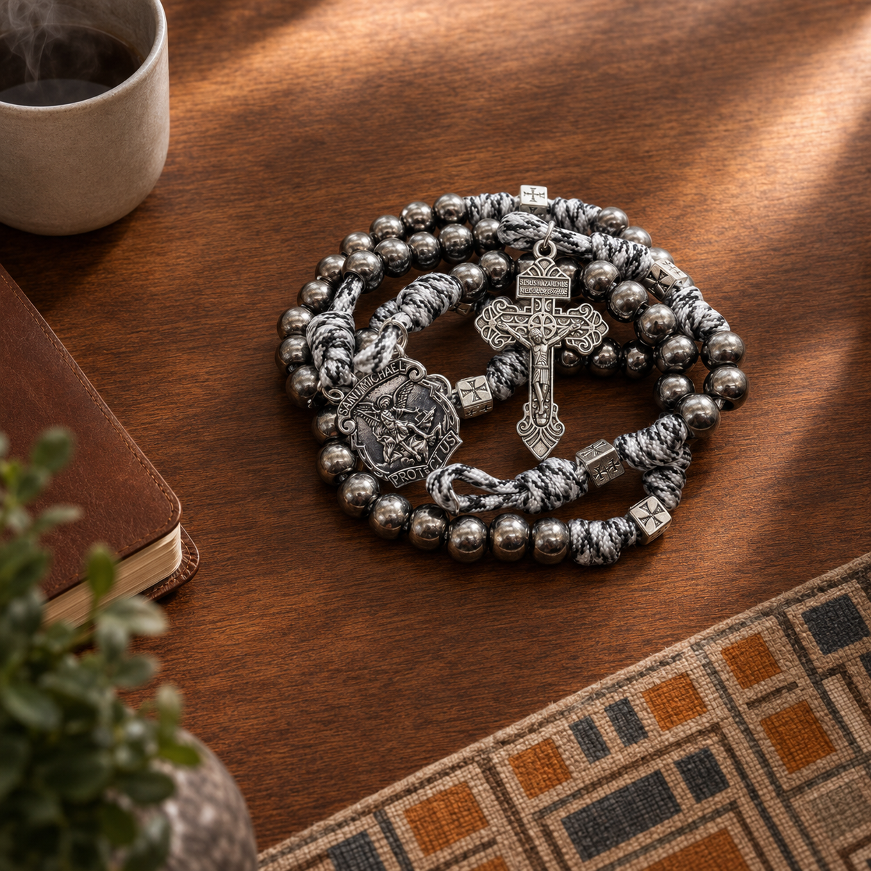 Black Beads Paracord Rosary Necklace 21" St Michael Medal Resin Rugged Chaplet
