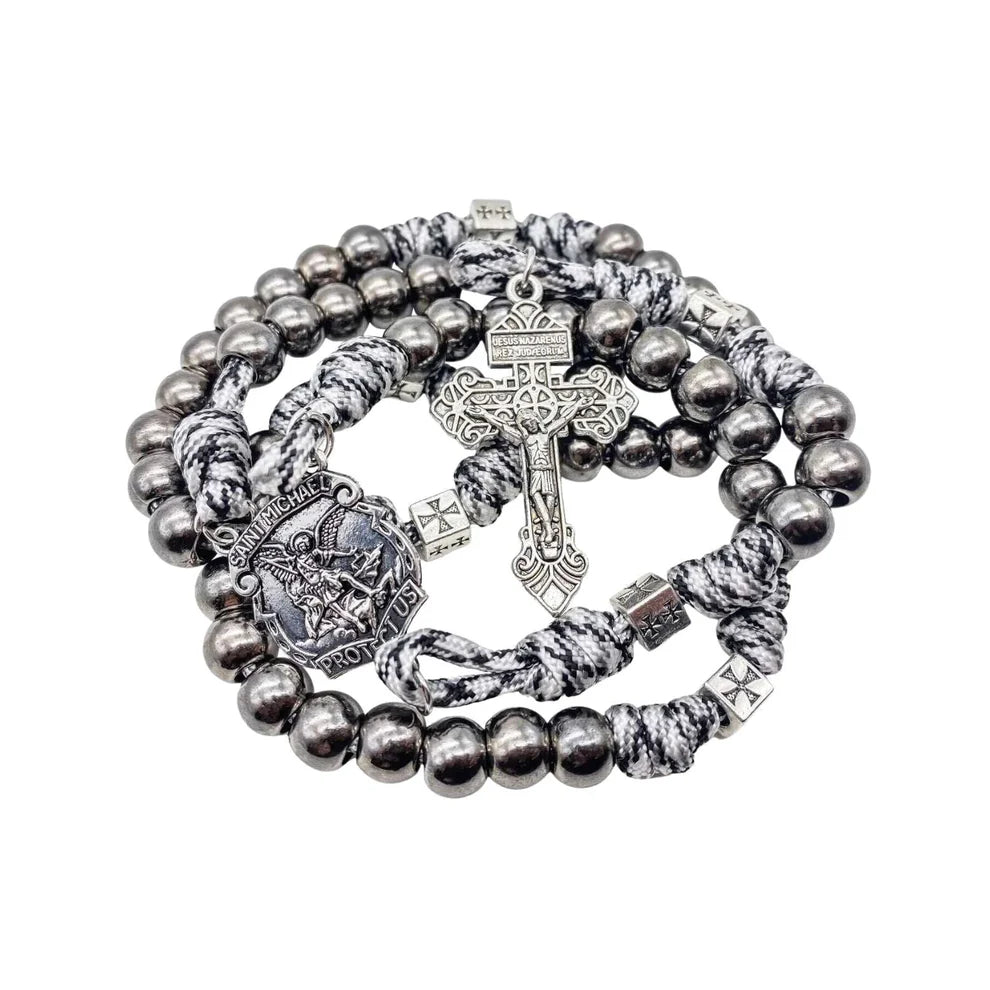 Black Beads Paracord Rosary Necklace 21" St Michael Medal Resin Rugged Chaplet