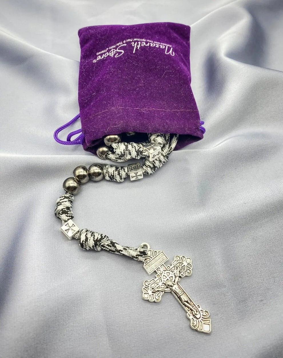 Black Beads Paracord Rosary Necklace 21" St Michael Medal Resin Rugged Chaplet