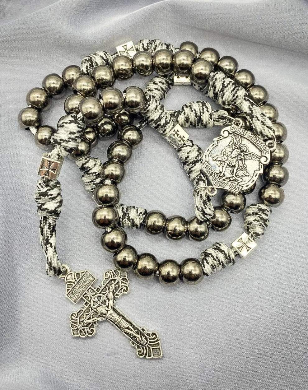 Black Beads Paracord Rosary Necklace 21" St Michael Medal Resin Rugged Chaplet