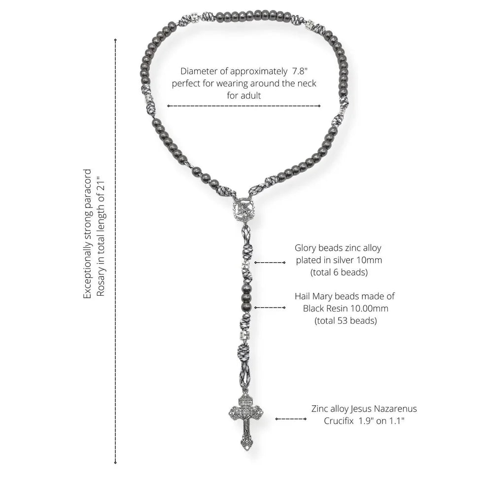 Black Beads Paracord Rosary Necklace 21" St Michael Medal Resin Rugged Chaplet