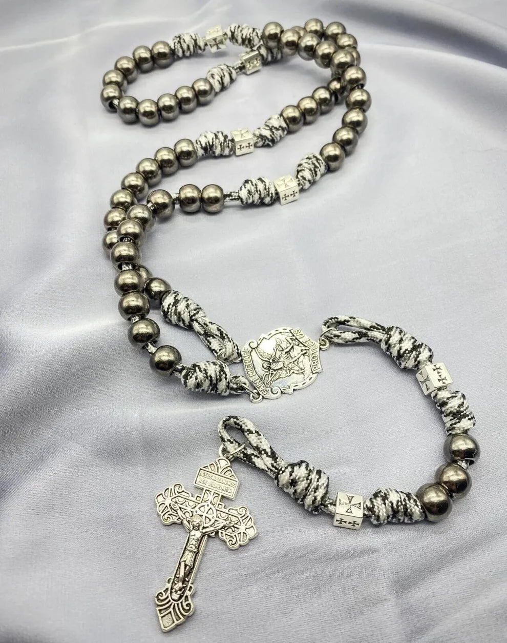 Black Beads Paracord Rosary Necklace 21" St Michael Medal Resin Rugged Chaplet
