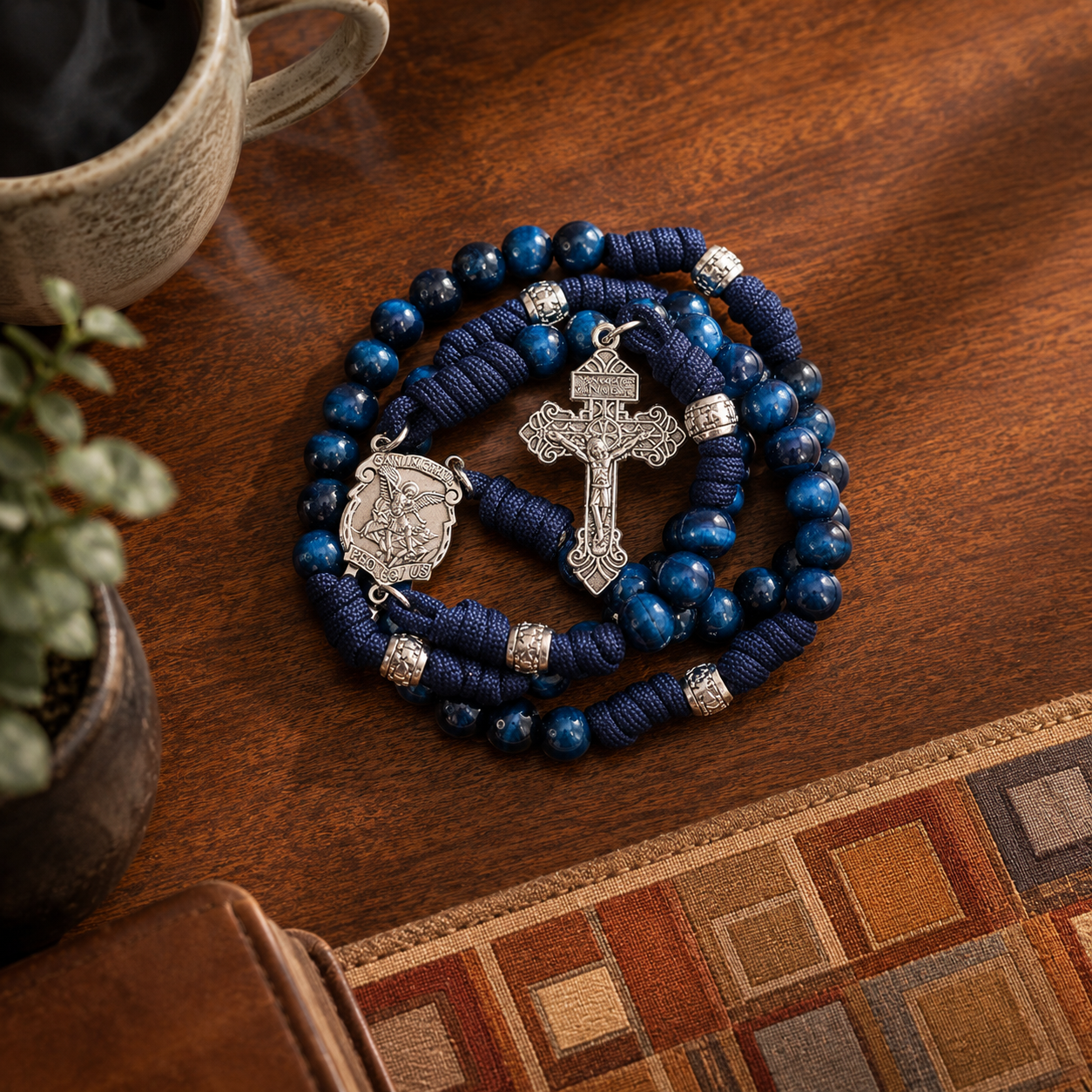 Blue Tiger Eye One Decade Rosary Beads Paracord Set St. Michael Necklace & St. Benedict 22"