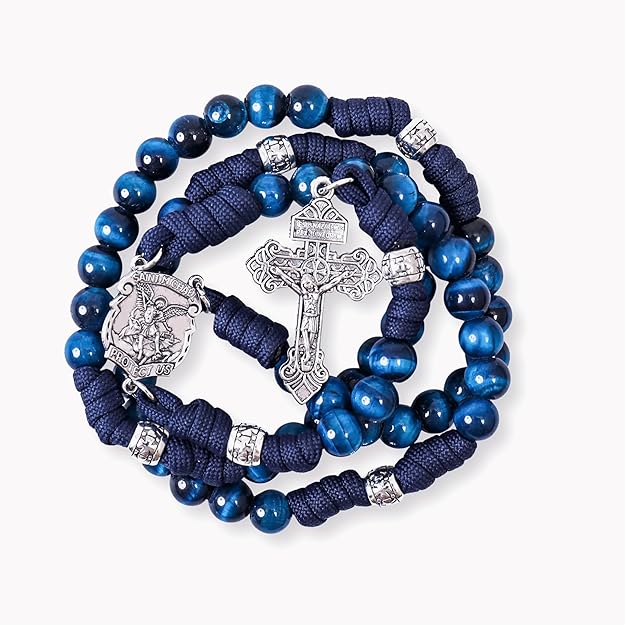 Blue Tiger Eye One Decade Rosary Beads Paracord Set St. Michael Necklace & St. Benedict 22"