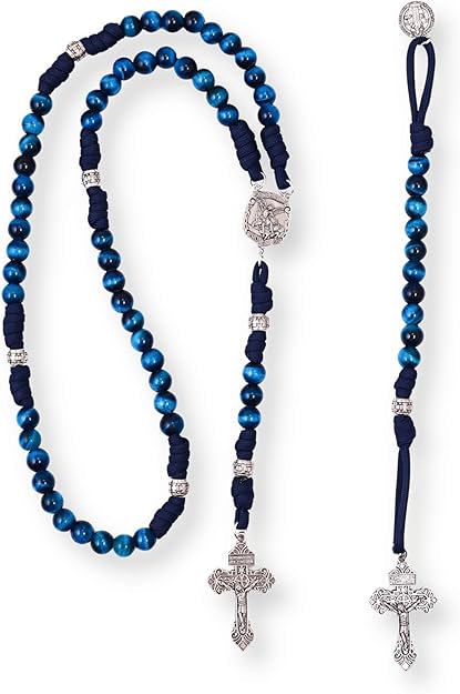 Blue Tiger Eye One Decade Rosary Beads Paracord Set St. Michael Necklace & St. Benedict 22"