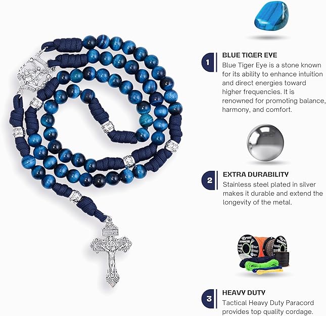 Blue Tiger Eye One Decade Rosary Beads Paracord Set St. Michael Necklace & St. Benedict 22"