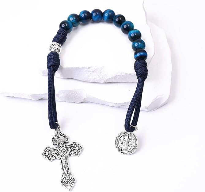 Blue Tiger Eye One Decade Rosary Beads Paracord Set St. Michael Necklace & St. Benedict 22"