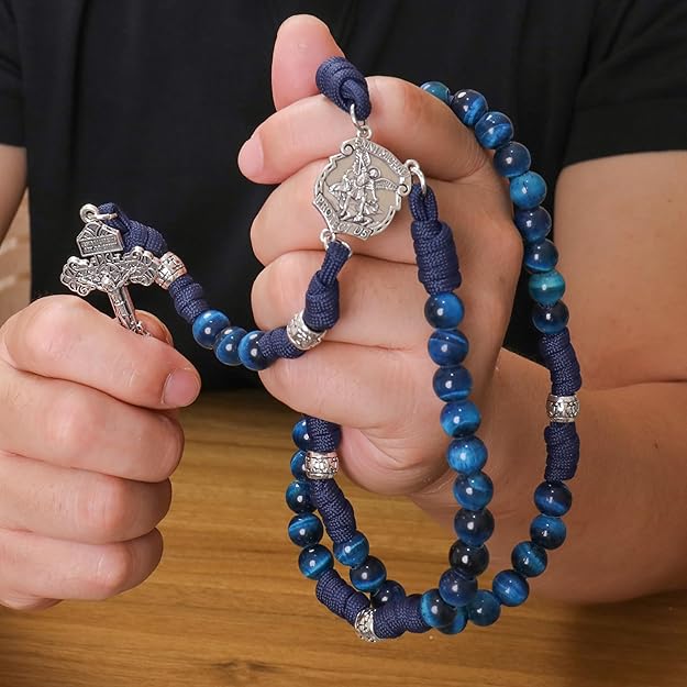 Blue Tiger Eye One Decade Rosary Beads Paracord Set St. Michael Necklace & St. Benedict 22"