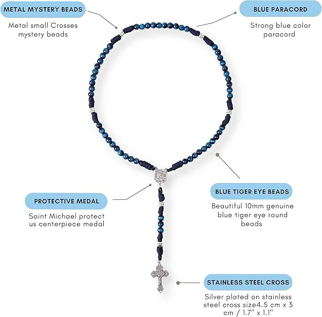 Blue Tiger Eye One Decade Rosary Beads Paracord Set St. Michael Necklace & St. Benedict 22"