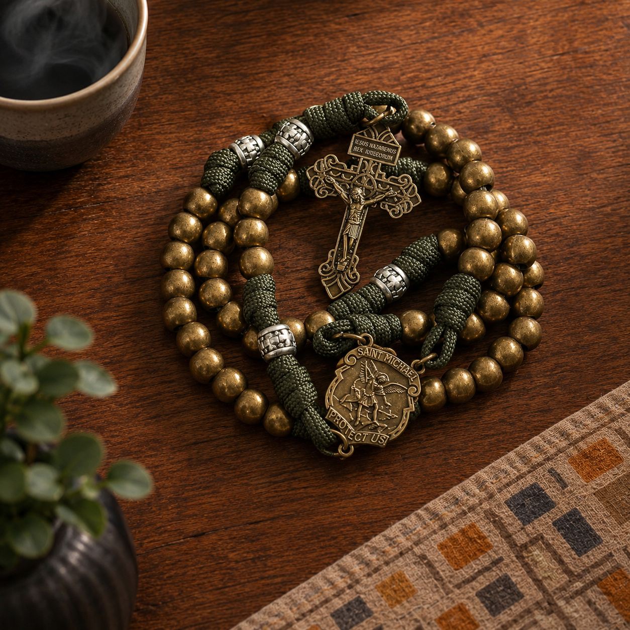 Bronze Beads Green Paracord with Silver Mystery Beads Rosary St Michael Medal & Pardon Crucifix