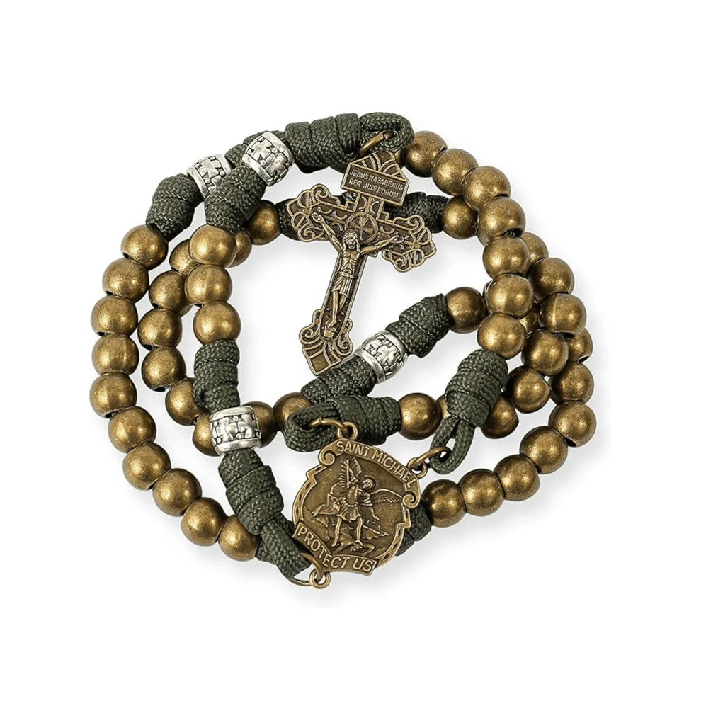Bronze Beads Green Paracord with Silver Mystery Beads Rosary St Michael Medal & Pardon Crucifix
