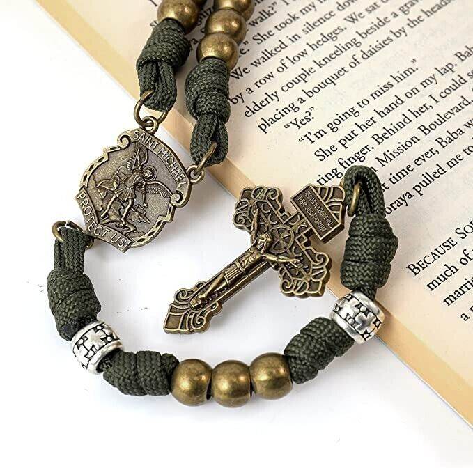 Bronze Beads Green Paracord with Silver Mystery Beads Rosary St Michael Medal & Pardon Crucifix