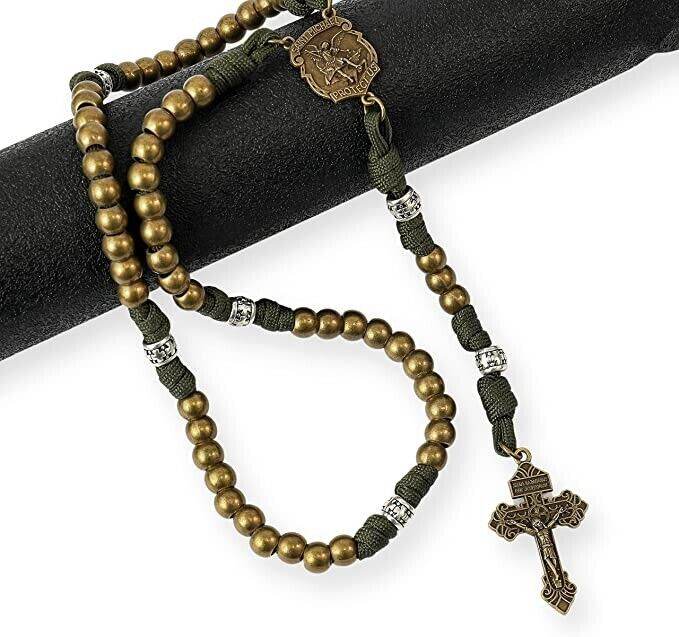 Bronze Beads Green Paracord with Silver Mystery Beads Rosary St Michael Medal & Pardon Crucifix