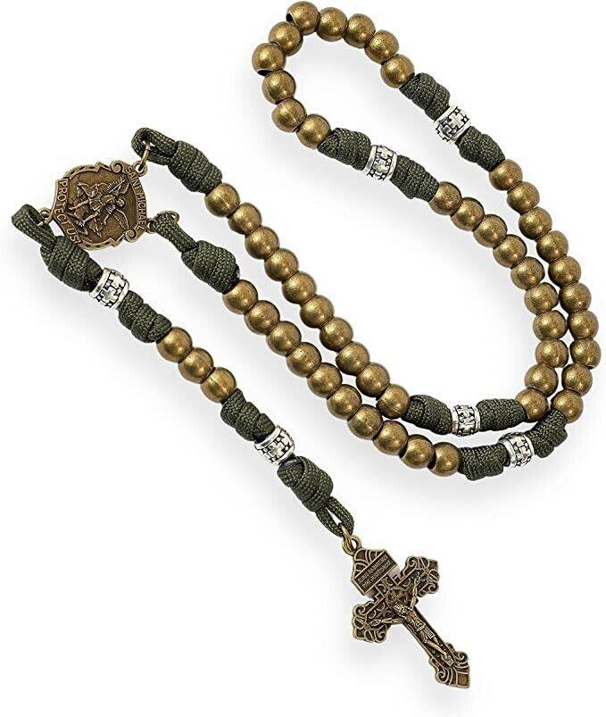 Bronze Beads Green Paracord with Silver Mystery Beads Rosary St Michael Medal & Pardon Crucifix